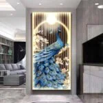 Illuminated peacock wall art with LED lights in a modern living room setting.