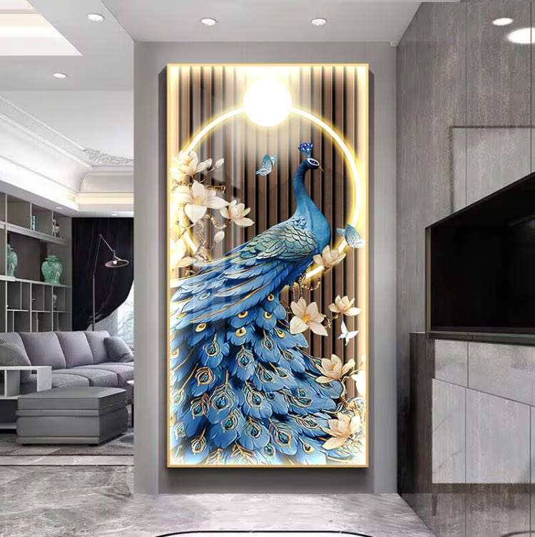 Illuminated peacock wall art with LED lights in a modern living room setting.