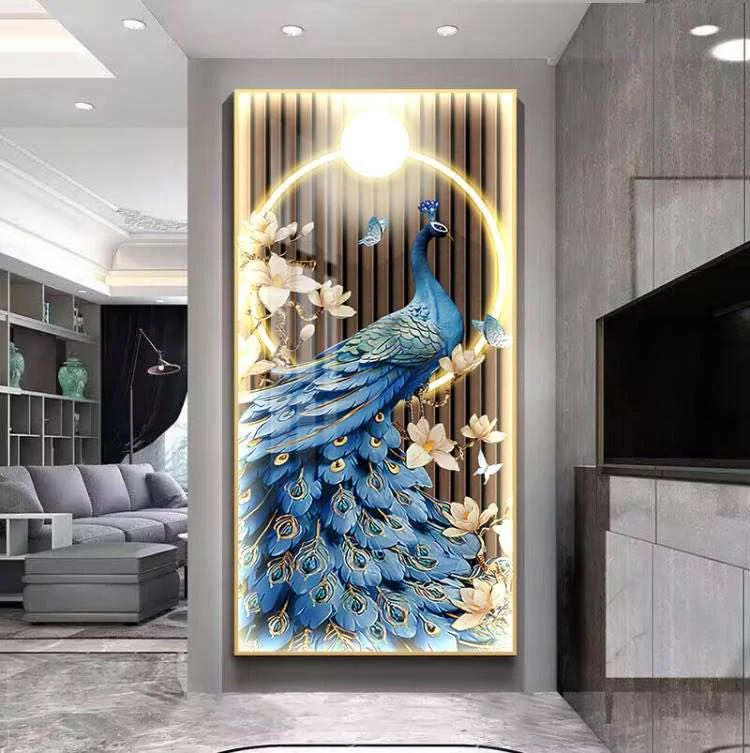 Illuminated peacock wall art with LED lights in a modern living room setting.