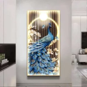 Illuminated wall art featuring a blue peacock with floral accents, perfect for modern luxury home decor.