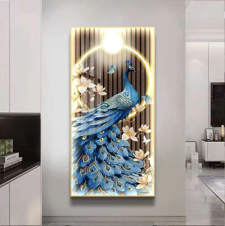 Illuminated wall art featuring a blue peacock with floral accents, perfect for modern luxury home decor.