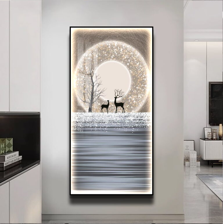 Modern illuminated wall art with deer and abstract design in a luxury home setting.