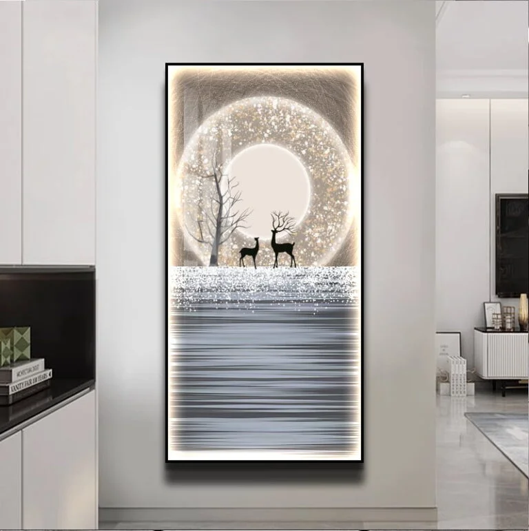 Modern illuminated wall art with deer and abstract design in a luxury home setting.