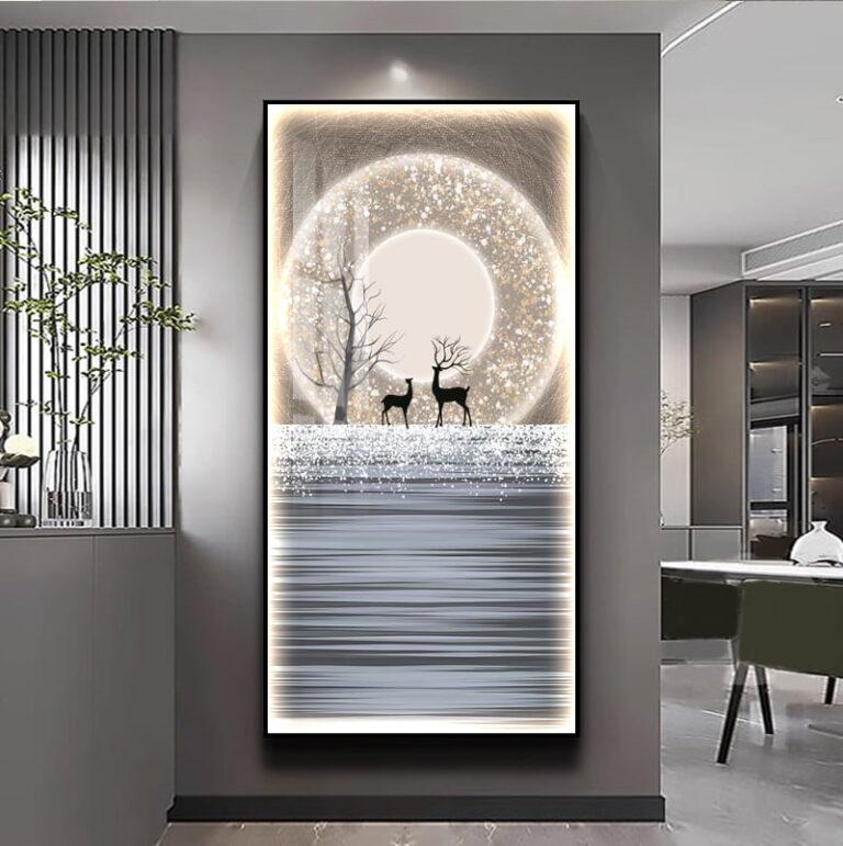 Modern LED wall art with deer and abstract design in a luxury home setting.