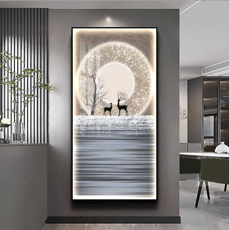 Modern LED wall art with deer and abstract design in a luxury home setting.