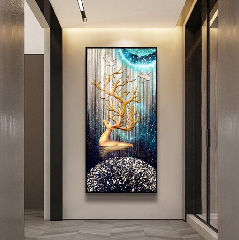 Modern illuminated wall art with golden deer and abstract design in a luxury hallway.