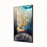 Modern luxury wall art with golden deer and birds, featuring a celestial theme in an aluminium frame.