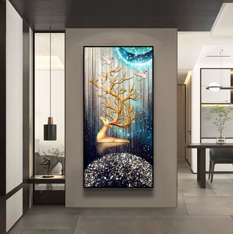 Modern luxury wall art with gold deer and abstract design in a contemporary living room.