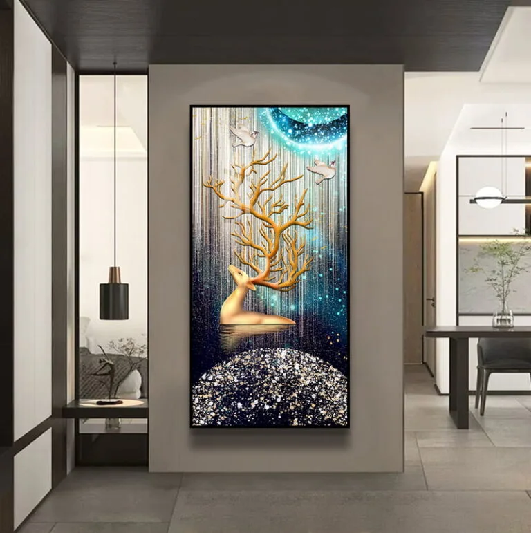 Modern luxury wall art with gold deer and abstract design in a contemporary living room.