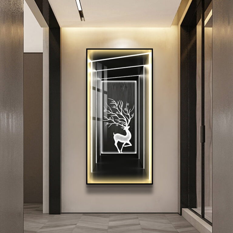 Illuminated modern wall art with deer design in a hallway setting.