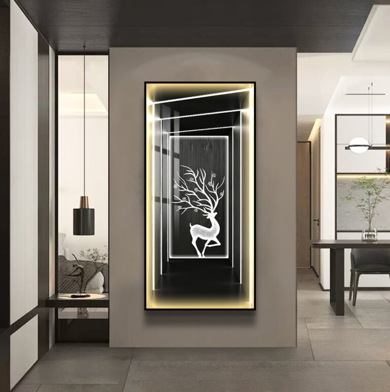 Modern illuminated wall art with deer design in a luxury home setting.