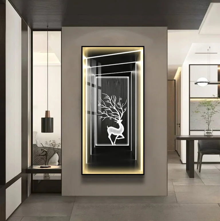 Modern illuminated wall art with deer design in a luxury home setting.