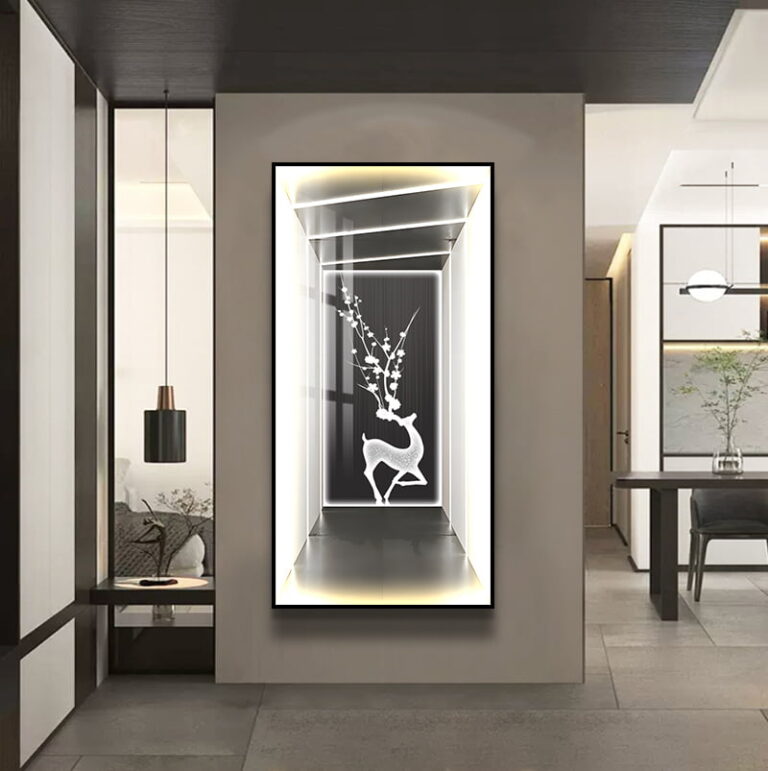 Modern LED wall art with deer and floral design in a luxury home setting.