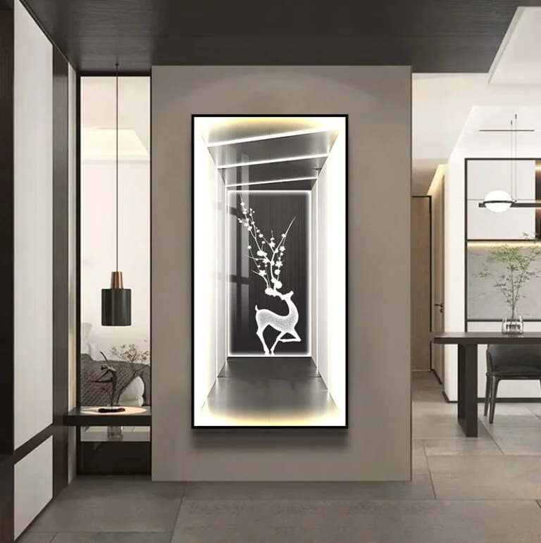 Modern LED wall art with deer and floral design in a luxury home setting.