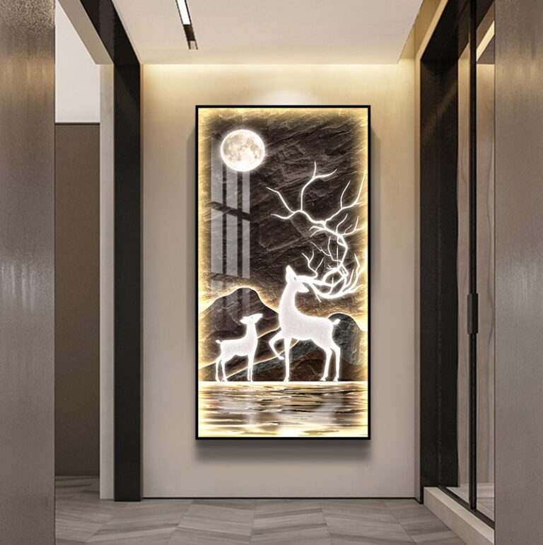 Illuminated wall art with deer and moon, modern luxury home decor.