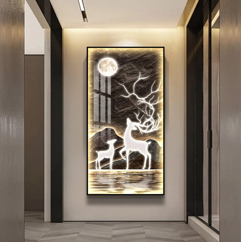 Illuminated wall art with deer and moon, modern luxury home decor.