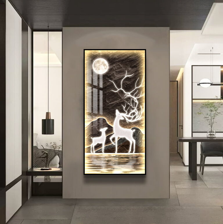 LED illuminated wall art featuring deer and moon in a modern home setting.