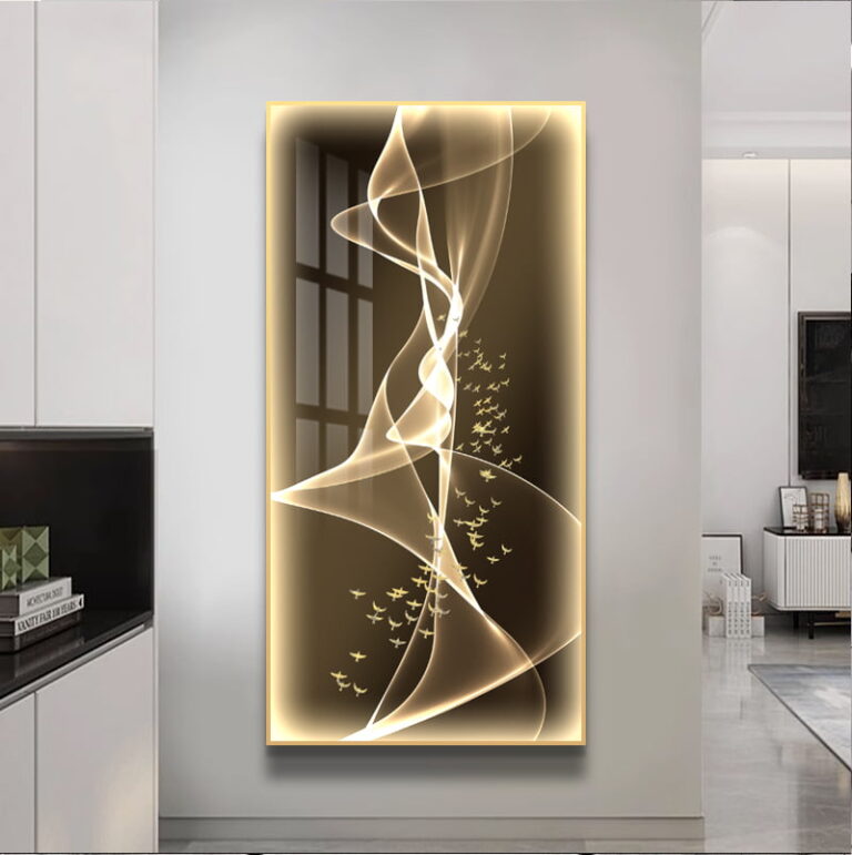 Modern illuminated wall art with abstract design in a luxury home setting.