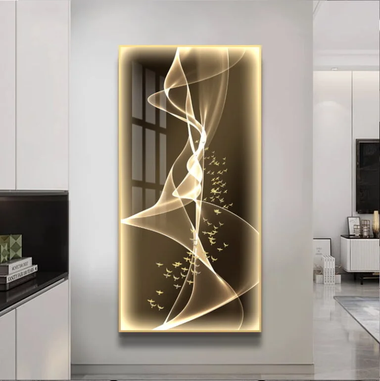 Modern illuminated wall art with abstract design in a luxury home setting.