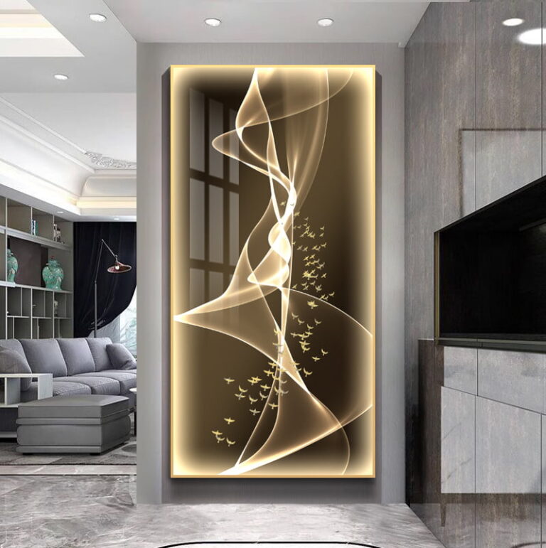 Modern illuminated wall art with abstract design in a luxury living room setting.