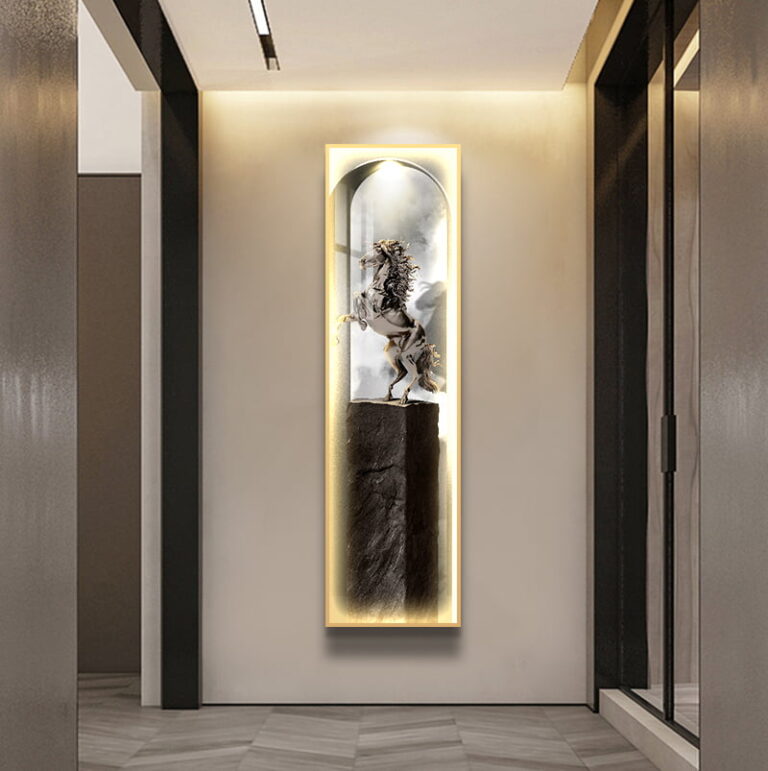Illuminated modern wall art with horse sculpture in a hallway.