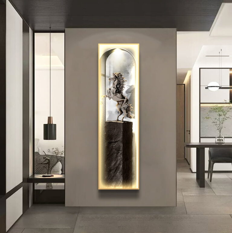 Modern illuminated wall art with abstract design in a luxury home setting.