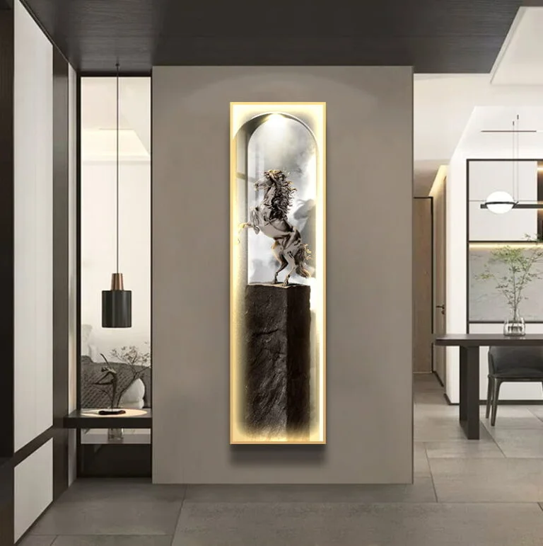 Modern illuminated wall art with abstract design in a luxury home setting.