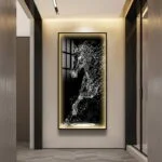 Modern illuminated wall art featuring a horse design in a luxury home setting.