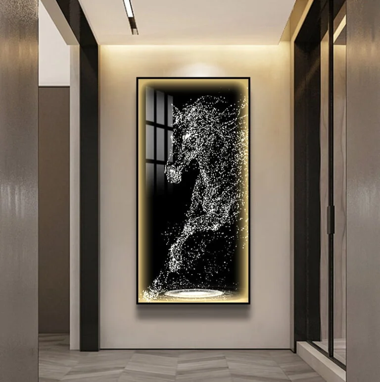 Modern illuminated wall art featuring a horse design in a luxury home setting.