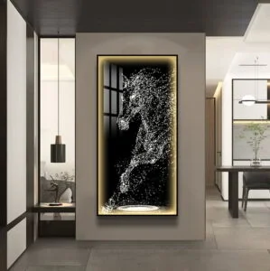 Modern illuminated wall art with abstract horse design in a luxury home setting.