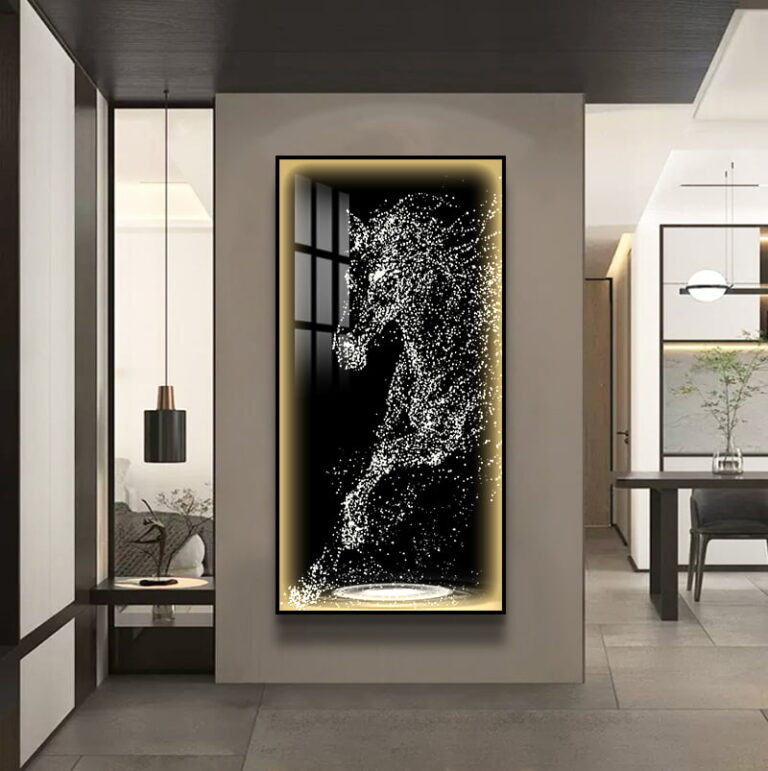 Modern illuminated wall art with abstract horse design in a luxury home setting.