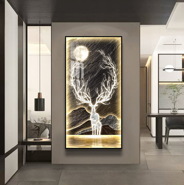 Modern illuminated wall art with a deer and moon design in a luxury home setting.