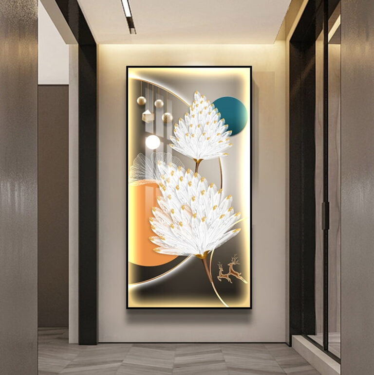 Modern illuminated wall art with floral design in a hallway setting.