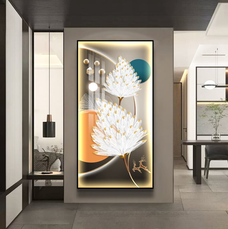 Modern illuminated wall art with floral design in a luxury home setting.