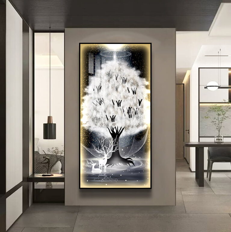 Illuminated modern wall art with tree design in a luxury home setting.