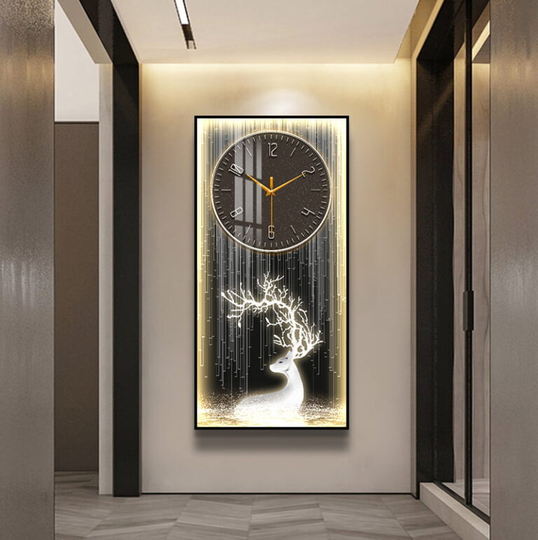Modern illuminated wall art with clock and deer design in a luxury hallway.
