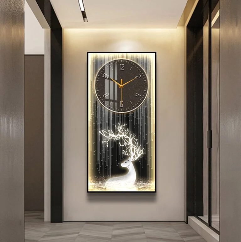Modern illuminated wall art with clock and deer design in a luxury hallway.