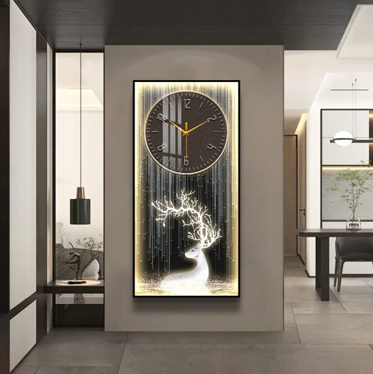 Modern luxury wall clock with illuminated deer design in a stylish living room.