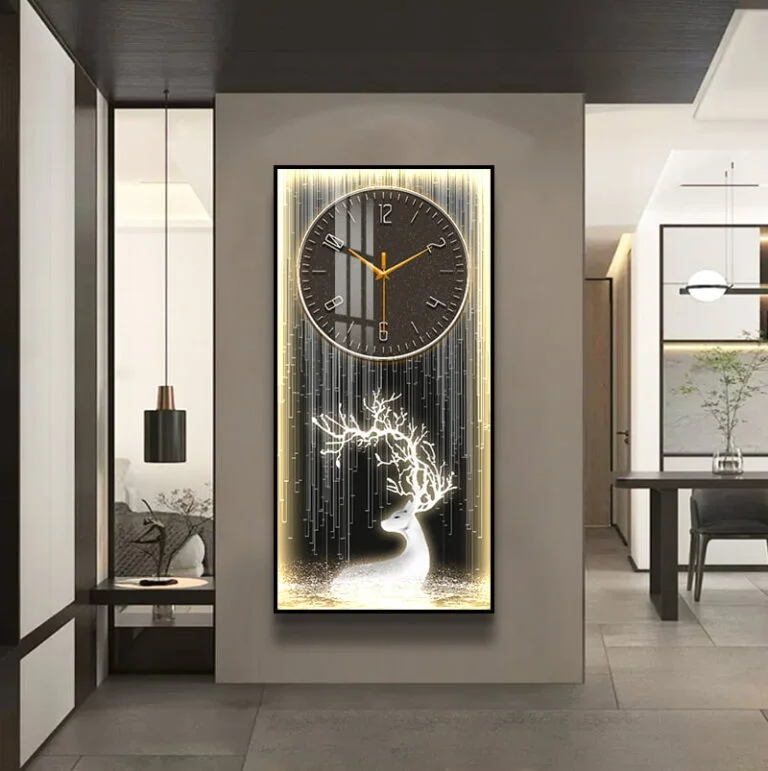 Modern luxury wall clock with illuminated deer design in a stylish living room.