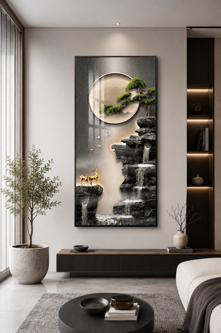 Modern luxury wall art with nature scene and LED illumination.