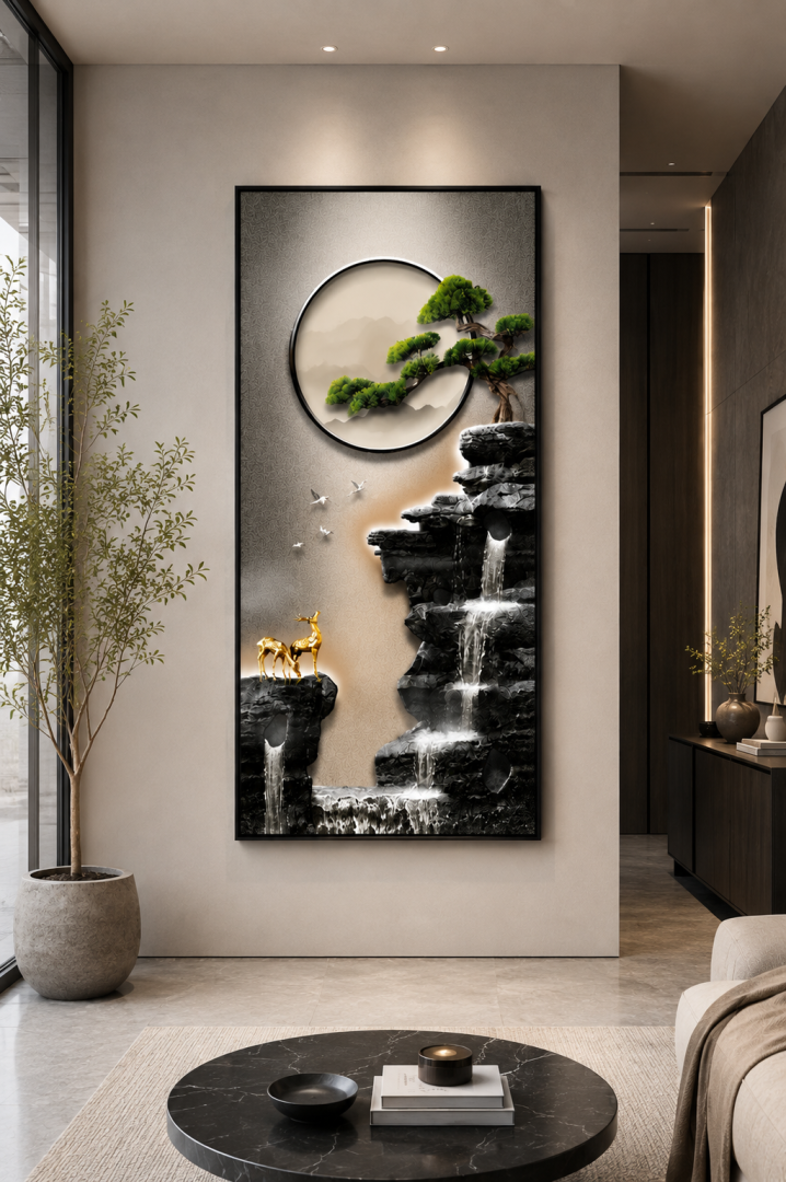 Modern luxury wall art featuring a serene landscape with a tree and waterfall, ideal for home decor.