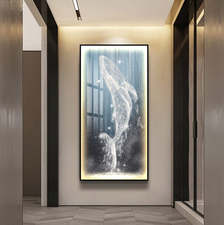 Illuminated modern wall art featuring a whale design in a luxury home setting.