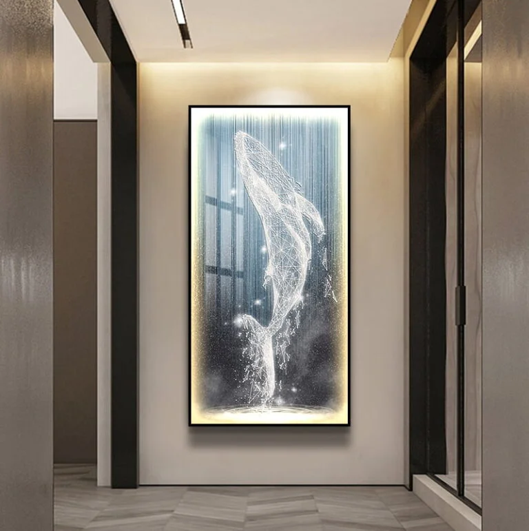 Illuminated modern wall art featuring a whale design in a luxury home setting.