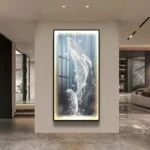 Illuminated modern wall art featuring a leaping whale in a luxury home setting.