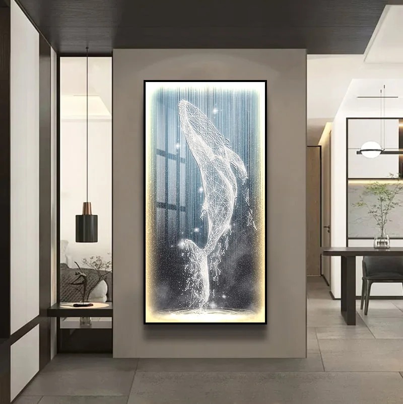 Illuminated Whale Wall Art in Modern Home Modern illuminated wall art featuring a jumping whale in a luxury home setting.