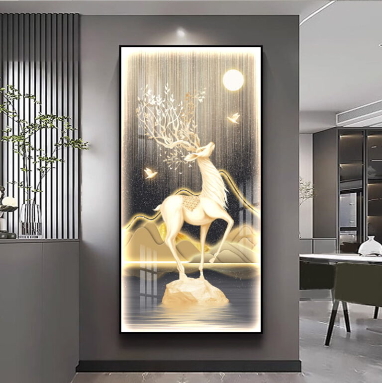Illuminated wall art featuring a deer with antlers, modern luxury home decor.