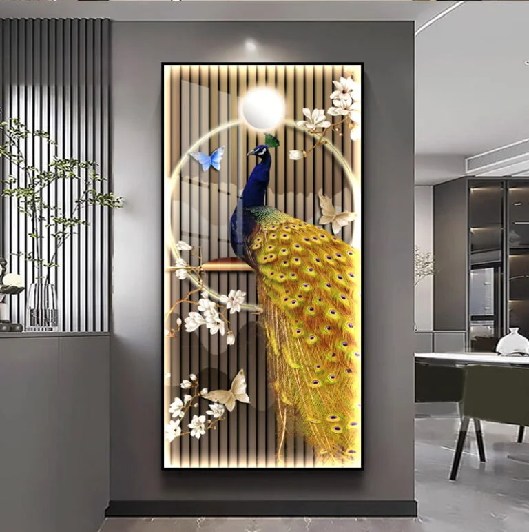 Modern illuminated wall art featuring a peacock with floral accents in a luxury home setting.