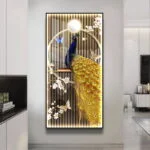 Modern illuminated wall art featuring a peacock with floral accents in a luxury home setting.