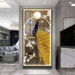 Modern luxury wall art featuring a peacock with floral accents in a living room setting.