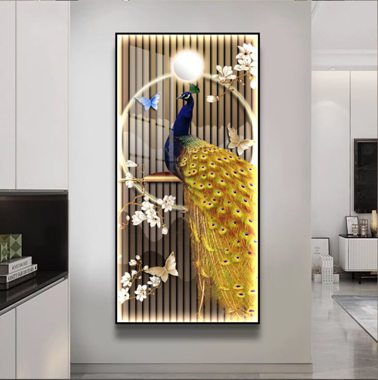 Modern illuminated wall art featuring a peacock with floral accents in a luxury home setting.